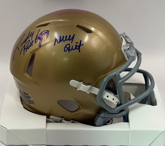 Ruettiger, Rudy Autographed Notre Dame Speed Mini Helmet inscribed “Never Quit”